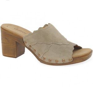 Gabor Carmen Mule Heeled Slip On Heel Shoes Open Toe Sandals Beige Suede size 37